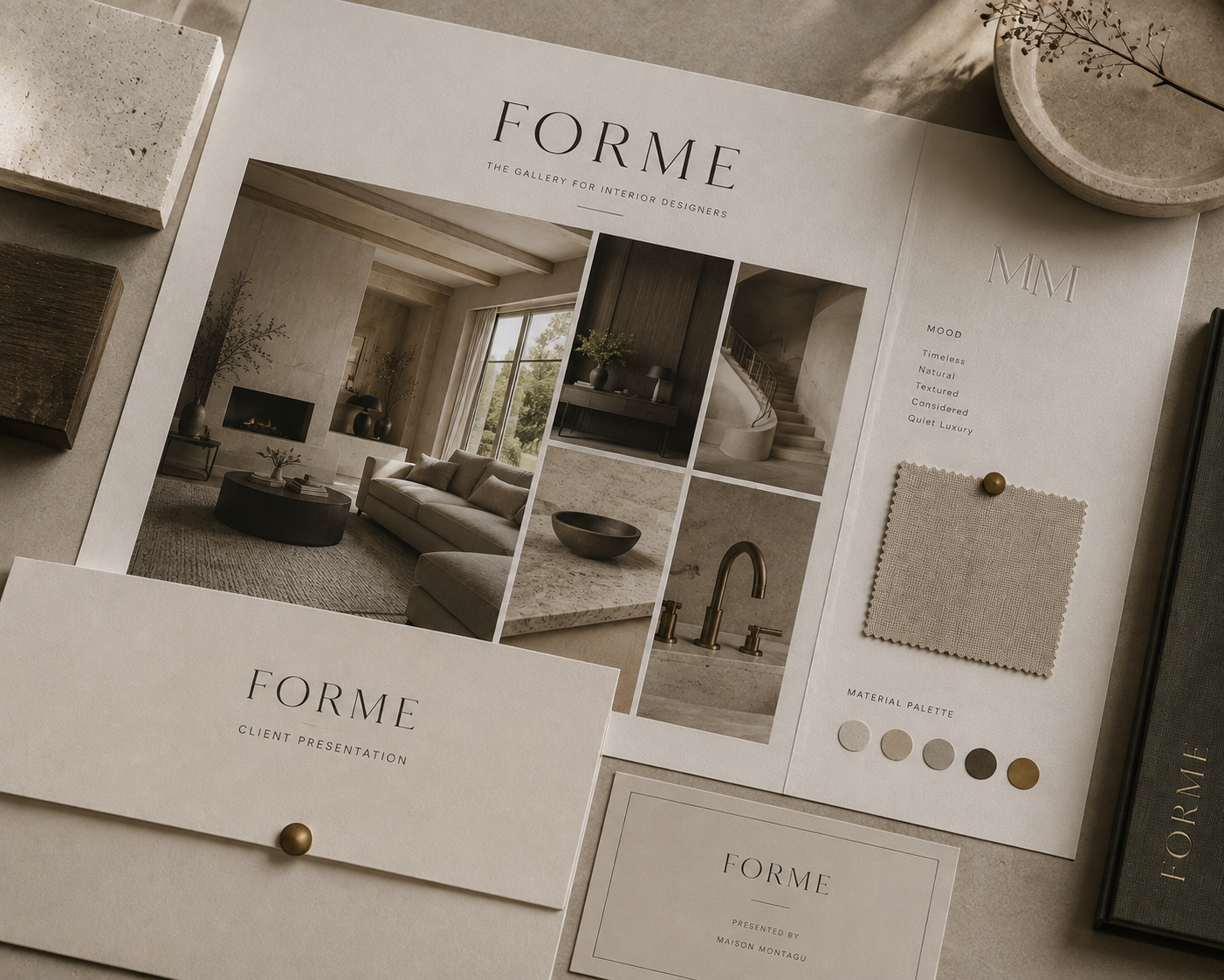 FORME client presentation board with interior photography and material palette