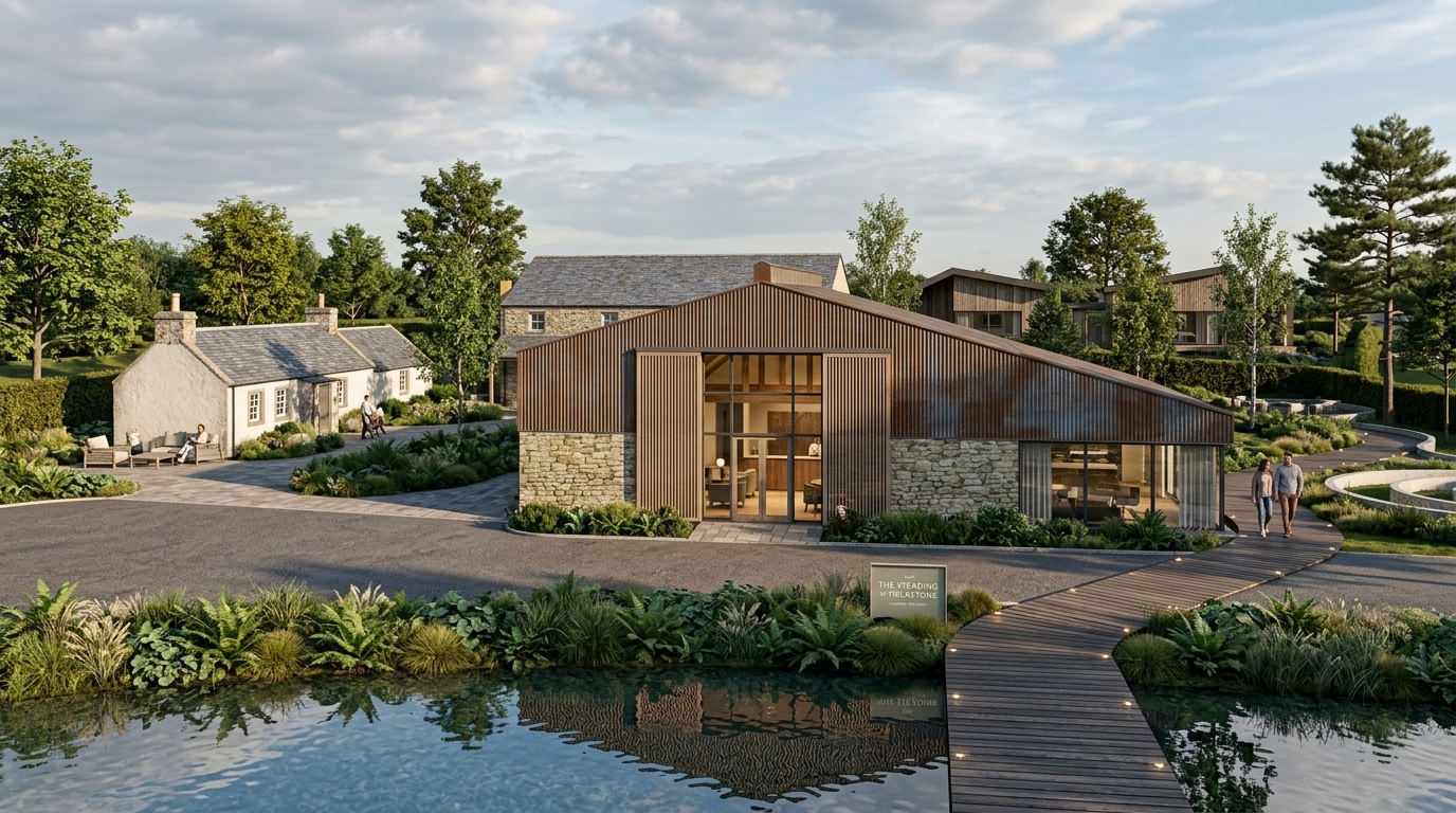 Contemporary timber and stone steading beside still water