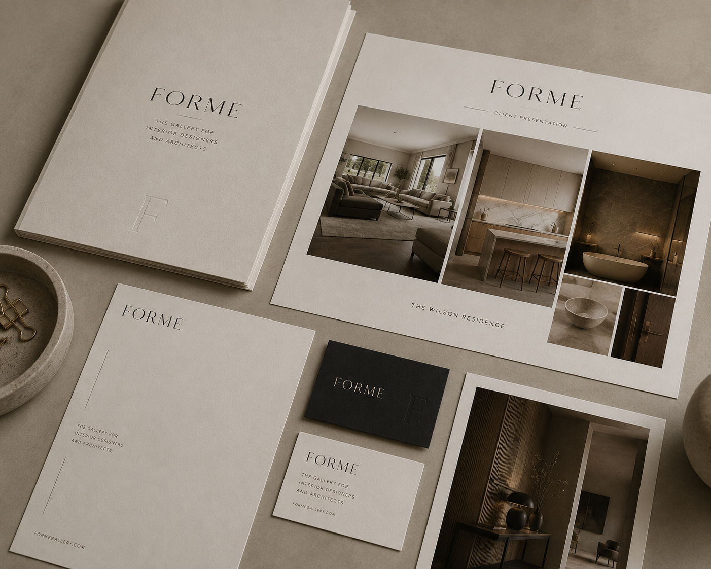 FORME printed stationery, presentation cards and client folio