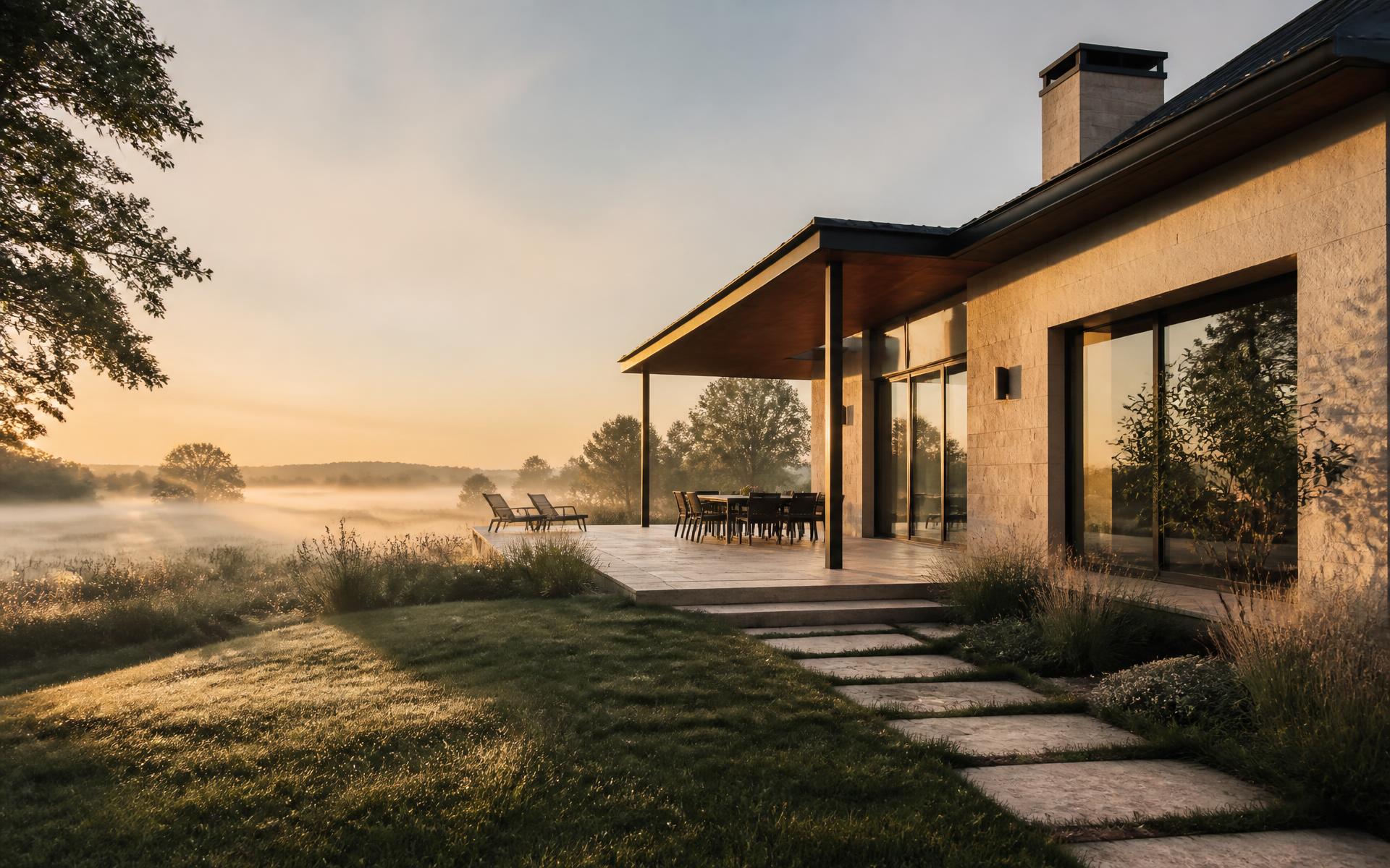 Contemporary countryside house at golden hour